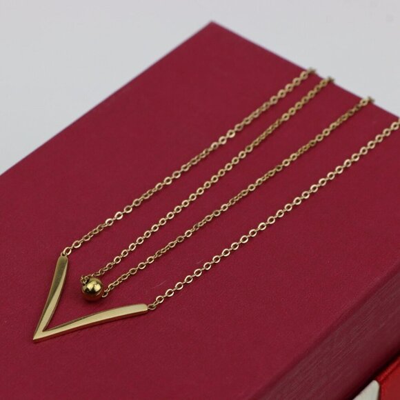 Layered Yellow Necklace with V-Shaped Pendant and Gold Bead, XPNL0370 - Picture 7 of 13